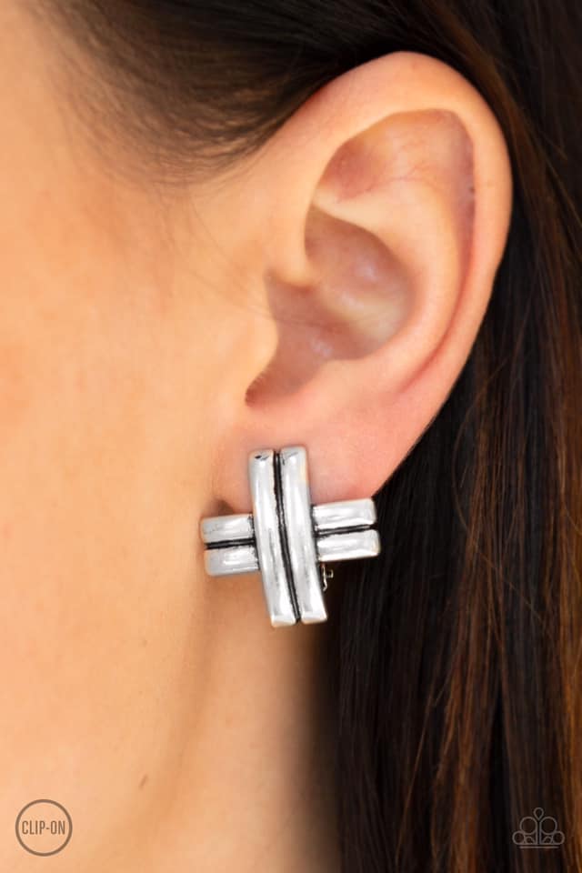 Paparazzi Couture Crossover Silver Clip-On Earrings